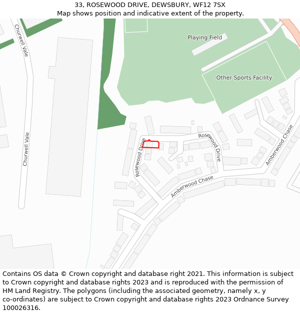 33, ROSEWOOD DRIVE, DEWSBURY, WF12 7SX: Location map and indicative extent of plot
