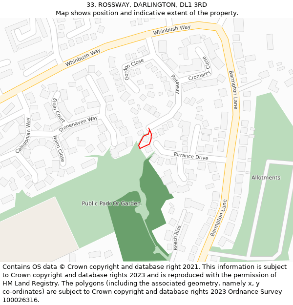 33, ROSSWAY, DARLINGTON, DL1 3RD: Location map and indicative extent of plot
