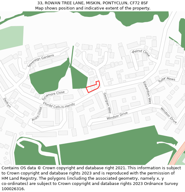 33, ROWAN TREE LANE, MISKIN, PONTYCLUN, CF72 8SF: Location map and indicative extent of plot