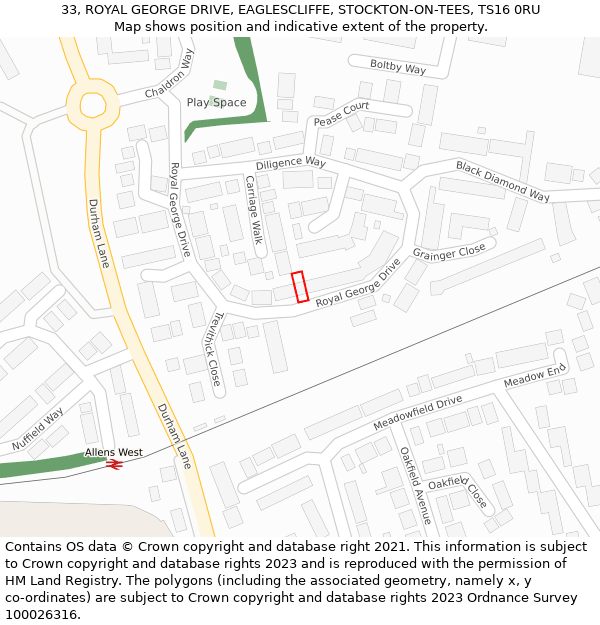 33, ROYAL GEORGE DRIVE, EAGLESCLIFFE, STOCKTON-ON-TEES, TS16 0RU: Location map and indicative extent of plot