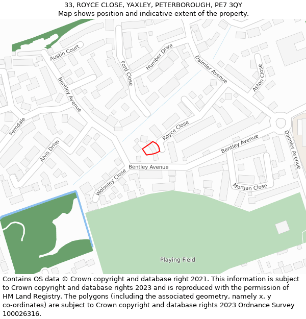 33, ROYCE CLOSE, YAXLEY, PETERBOROUGH, PE7 3QY: Location map and indicative extent of plot