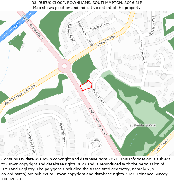 33, RUFUS CLOSE, ROWNHAMS, SOUTHAMPTON, SO16 8LR: Location map and indicative extent of plot