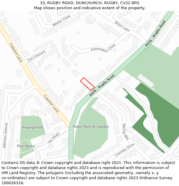 33, RUGBY ROAD, DUNCHURCH, RUGBY, CV22 6PG: Location map and indicative extent of plot