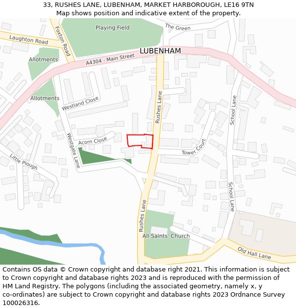 33, RUSHES LANE, LUBENHAM, MARKET HARBOROUGH, LE16 9TN: Location map and indicative extent of plot