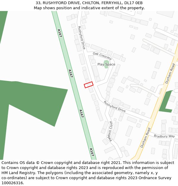 33, RUSHYFORD DRIVE, CHILTON, FERRYHILL, DL17 0EB: Location map and indicative extent of plot