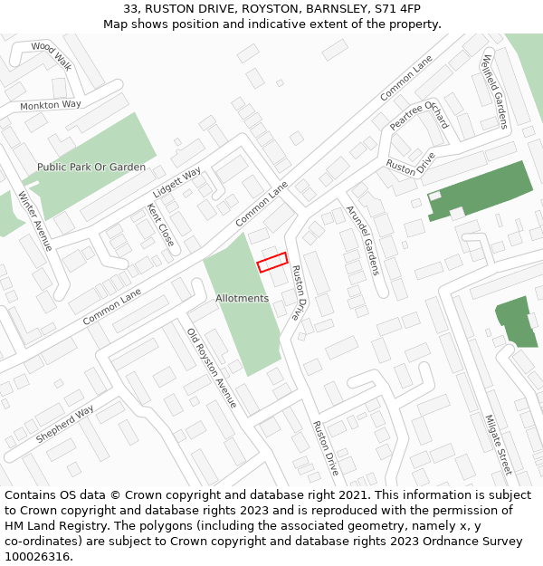 33, RUSTON DRIVE, ROYSTON, BARNSLEY, S71 4FP: Location map and indicative extent of plot