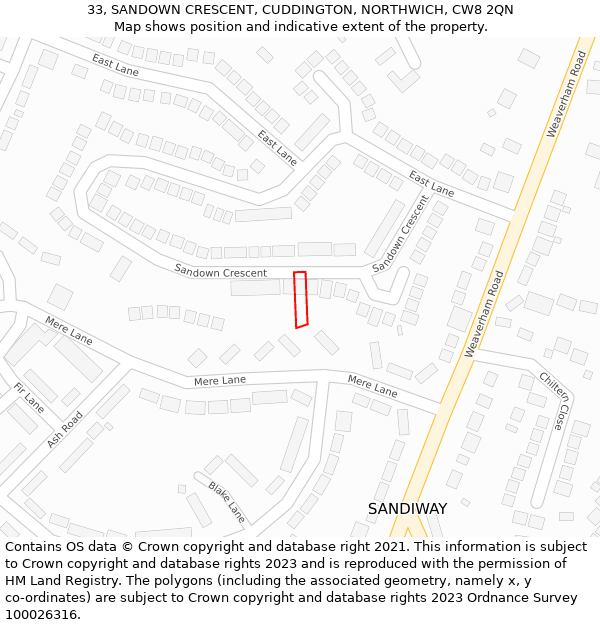 33, SANDOWN CRESCENT, CUDDINGTON, NORTHWICH, CW8 2QN: Location map and indicative extent of plot