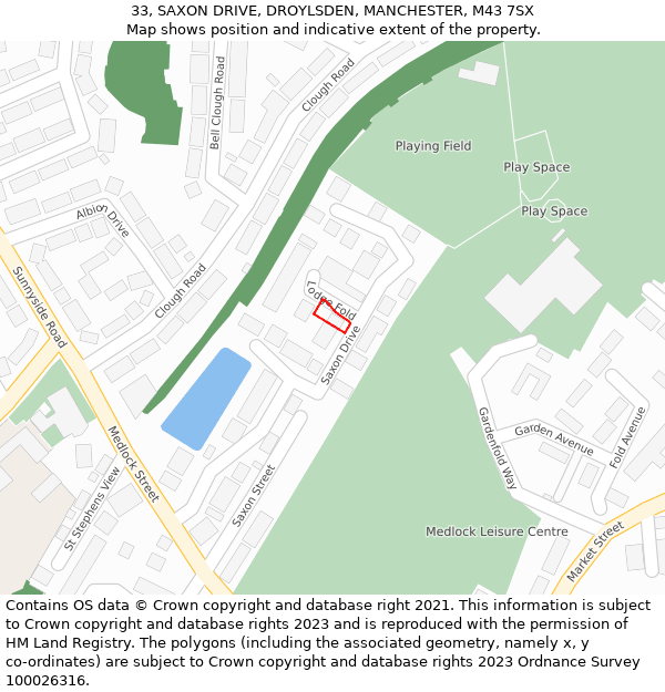 33, SAXON DRIVE, DROYLSDEN, MANCHESTER, M43 7SX: Location map and indicative extent of plot