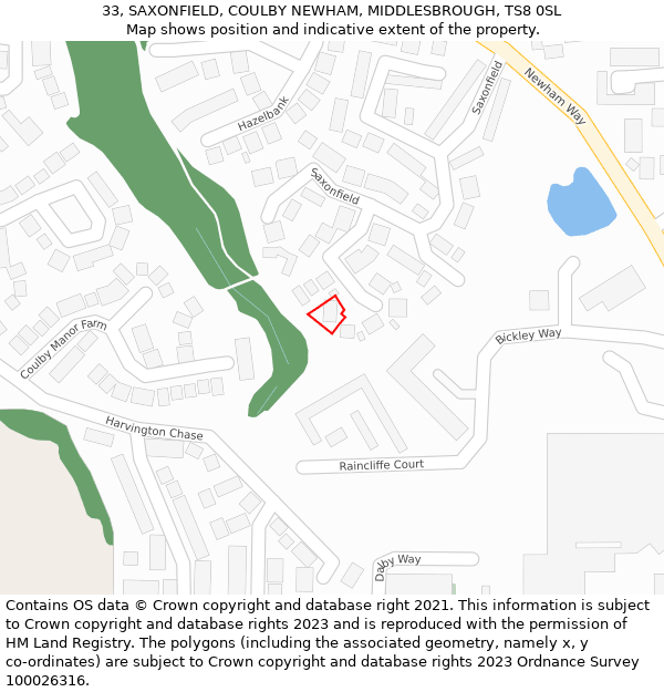 33, SAXONFIELD, COULBY NEWHAM, MIDDLESBROUGH, TS8 0SL: Location map and indicative extent of plot