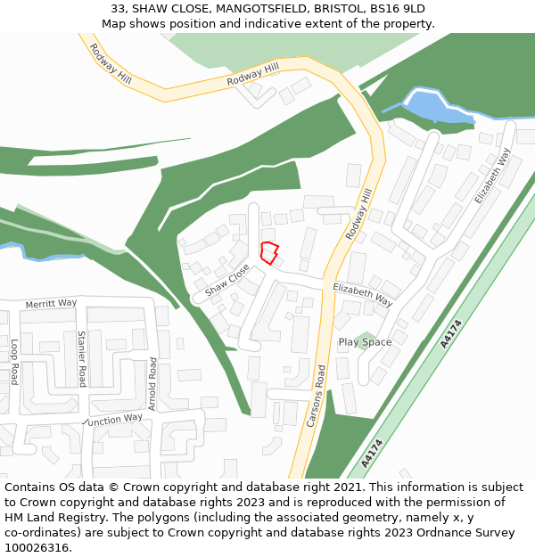 33, SHAW CLOSE, MANGOTSFIELD, BRISTOL, BS16 9LD: Location map and indicative extent of plot