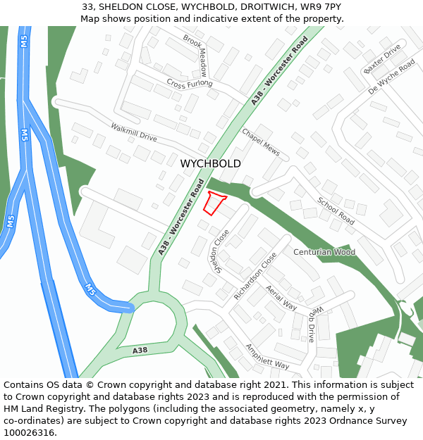 33, SHELDON CLOSE, WYCHBOLD, DROITWICH, WR9 7PY: Location map and indicative extent of plot