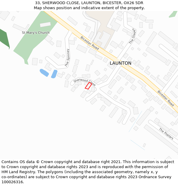 33, SHERWOOD CLOSE, LAUNTON, BICESTER, OX26 5DR: Location map and indicative extent of plot