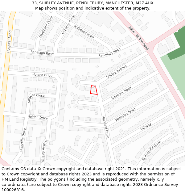 33, SHIRLEY AVENUE, PENDLEBURY, MANCHESTER, M27 4HX: Location map and indicative extent of plot