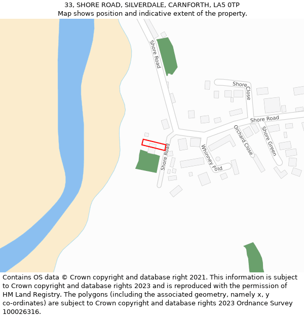 33, SHORE ROAD, SILVERDALE, CARNFORTH, LA5 0TP: Location map and indicative extent of plot