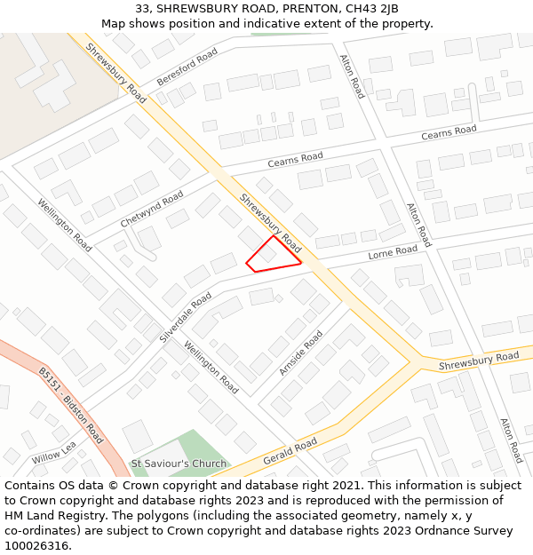 33, SHREWSBURY ROAD, PRENTON, CH43 2JB: Location map and indicative extent of plot