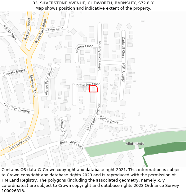 33, SILVERSTONE AVENUE, CUDWORTH, BARNSLEY, S72 8LY: Location map and indicative extent of plot