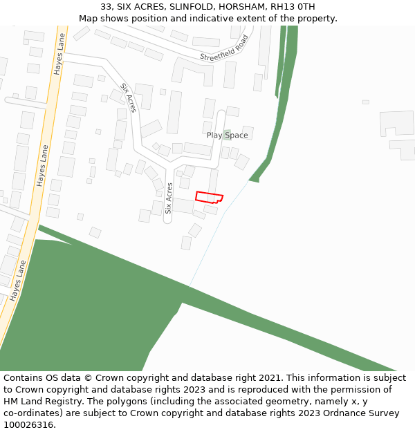 33, SIX ACRES, SLINFOLD, HORSHAM, RH13 0TH: Location map and indicative extent of plot