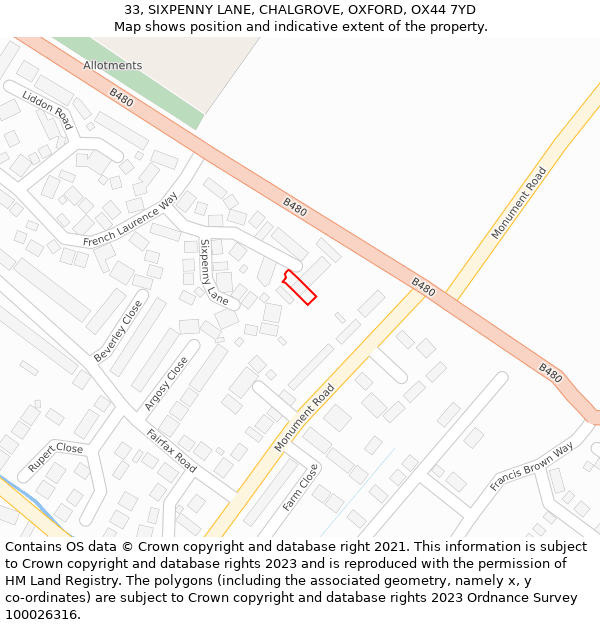 33, SIXPENNY LANE, CHALGROVE, OXFORD, OX44 7YD: Location map and indicative extent of plot