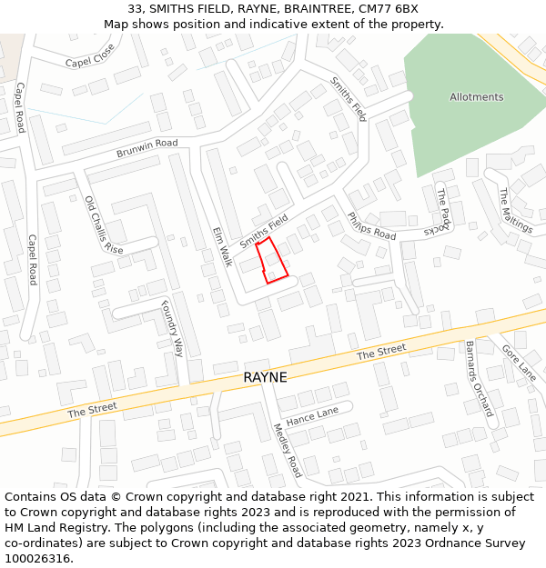 33, SMITHS FIELD, RAYNE, BRAINTREE, CM77 6BX: Location map and indicative extent of plot