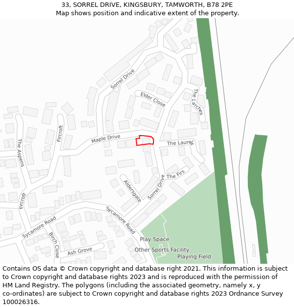 33, SORREL DRIVE, KINGSBURY, TAMWORTH, B78 2PE: Location map and indicative extent of plot