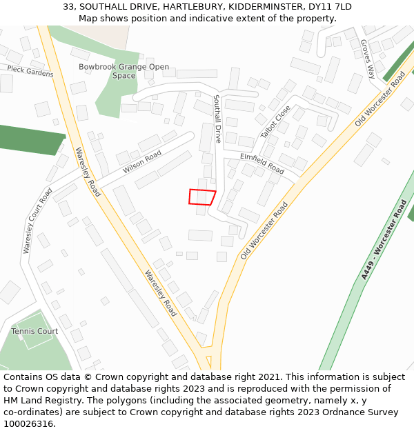 33, SOUTHALL DRIVE, HARTLEBURY, KIDDERMINSTER, DY11 7LD: Location map and indicative extent of plot
