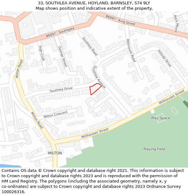 33, SOUTHLEA AVENUE, HOYLAND, BARNSLEY, S74 9LY: Location map and indicative extent of plot