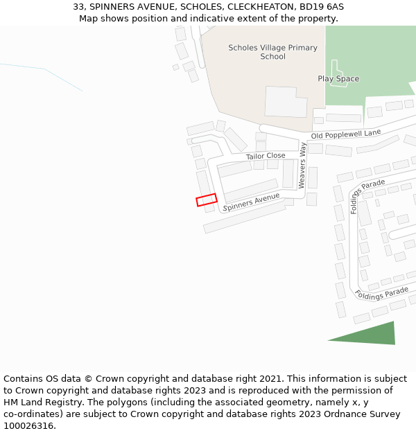 33, SPINNERS AVENUE, SCHOLES, CLECKHEATON, BD19 6AS: Location map and indicative extent of plot