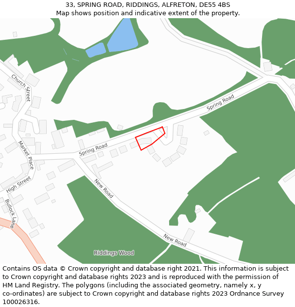 33, SPRING ROAD, RIDDINGS, ALFRETON, DE55 4BS: Location map and indicative extent of plot