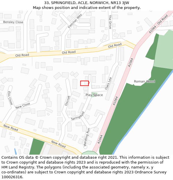 33, SPRINGFIELD, ACLE, NORWICH, NR13 3JW: Location map and indicative extent of plot