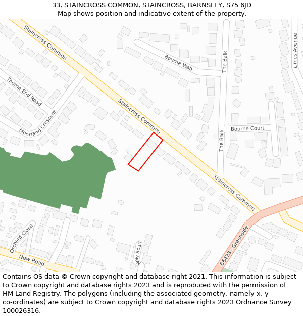 33, STAINCROSS COMMON, STAINCROSS, BARNSLEY, S75 6JD: Location map and indicative extent of plot