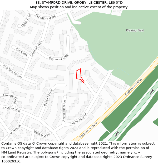 33, STAMFORD DRIVE, GROBY, LEICESTER, LE6 0YD: Location map and indicative extent of plot