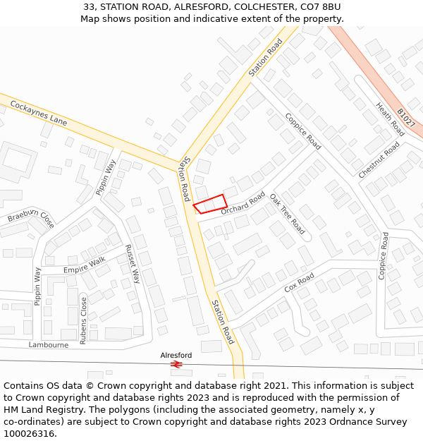 33, STATION ROAD, ALRESFORD, COLCHESTER, CO7 8BU: Location map and indicative extent of plot