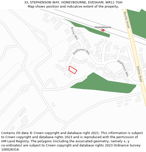 33, STEPHENSON WAY, HONEYBOURNE, EVESHAM, WR11 7GH: Location map and indicative extent of plot