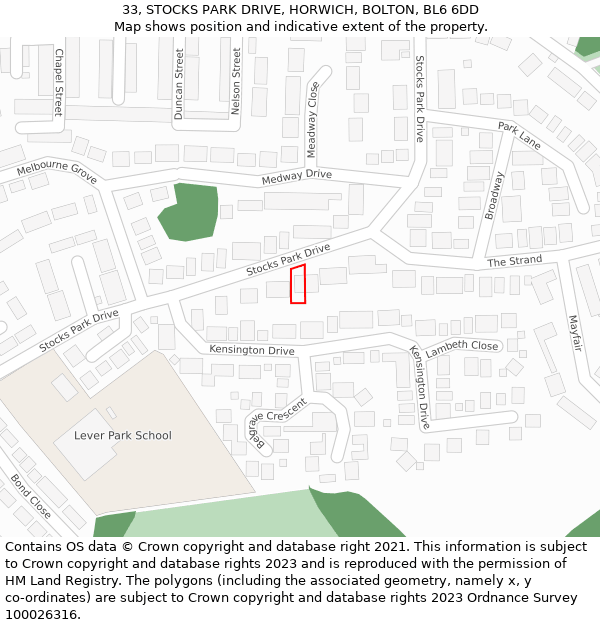 33, STOCKS PARK DRIVE, HORWICH, BOLTON, BL6 6DD: Location map and indicative extent of plot