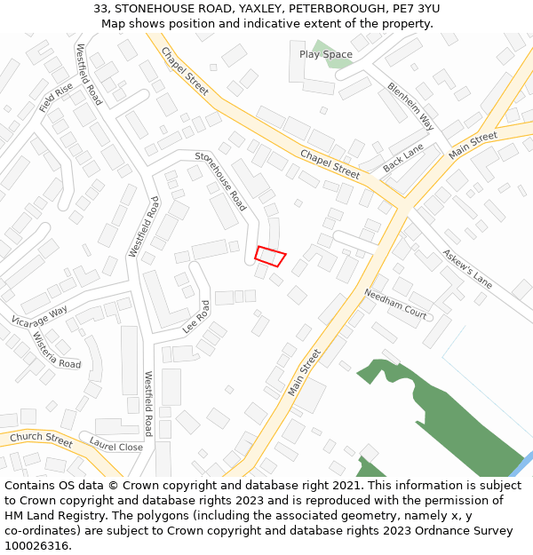 33, STONEHOUSE ROAD, YAXLEY, PETERBOROUGH, PE7 3YU: Location map and indicative extent of plot