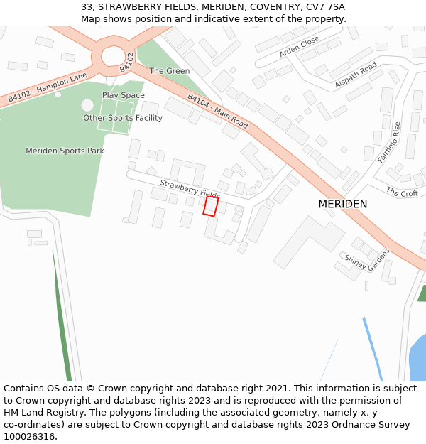 33, STRAWBERRY FIELDS, MERIDEN, COVENTRY, CV7 7SA: Location map and indicative extent of plot