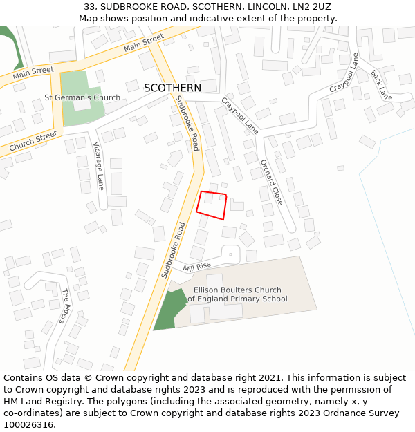 33, SUDBROOKE ROAD, SCOTHERN, LINCOLN, LN2 2UZ: Location map and indicative extent of plot