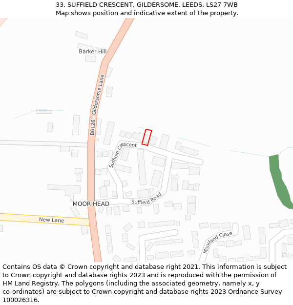 33, SUFFIELD CRESCENT, GILDERSOME, LEEDS, LS27 7WB: Location map and indicative extent of plot