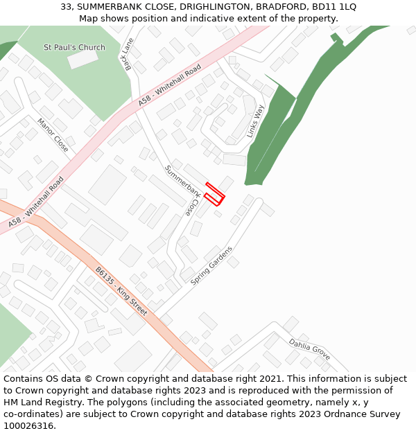 33, SUMMERBANK CLOSE, DRIGHLINGTON, BRADFORD, BD11 1LQ: Location map and indicative extent of plot