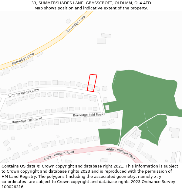 33, SUMMERSHADES LANE, GRASSCROFT, OLDHAM, OL4 4ED: Location map and indicative extent of plot