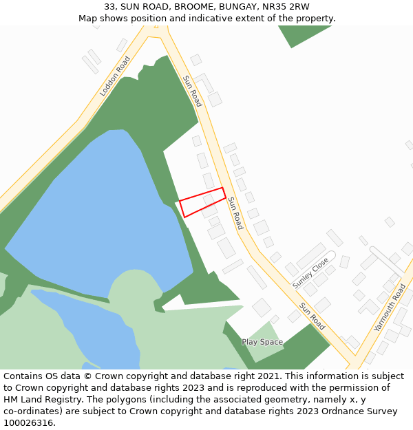 33, SUN ROAD, BROOME, BUNGAY, NR35 2RW: Location map and indicative extent of plot