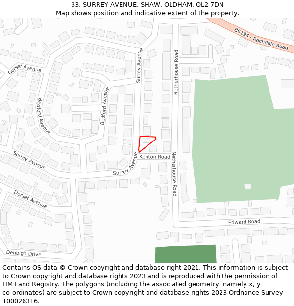 33, SURREY AVENUE, SHAW, OLDHAM, OL2 7DN: Location map and indicative extent of plot