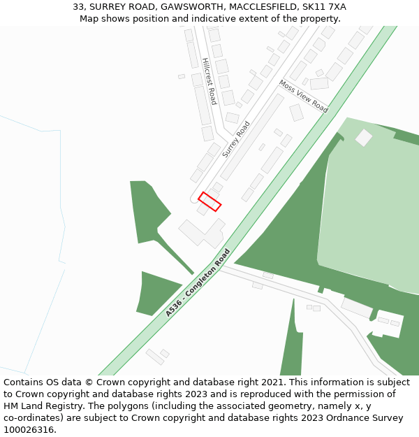 33, SURREY ROAD, GAWSWORTH, MACCLESFIELD, SK11 7XA: Location map and indicative extent of plot