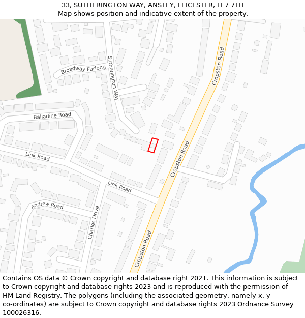 33, SUTHERINGTON WAY, ANSTEY, LEICESTER, LE7 7TH: Location map and indicative extent of plot