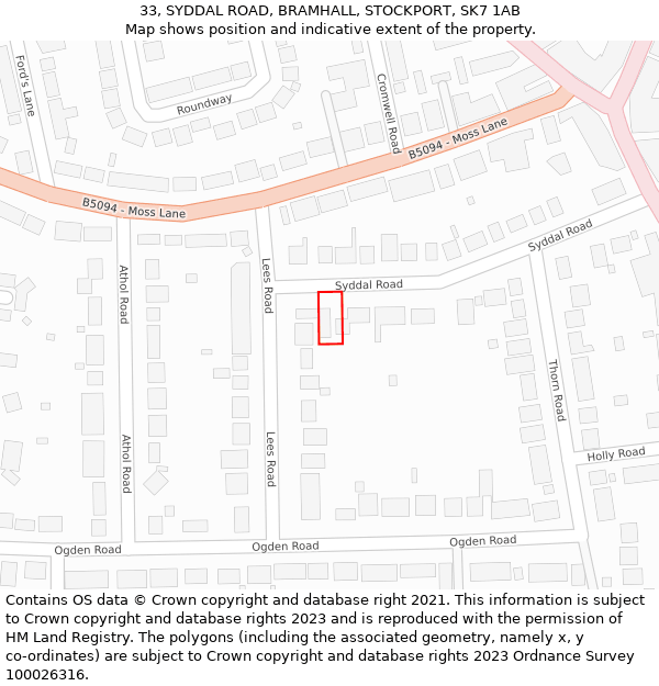 33, SYDDAL ROAD, BRAMHALL, STOCKPORT, SK7 1AB: Location map and indicative extent of plot