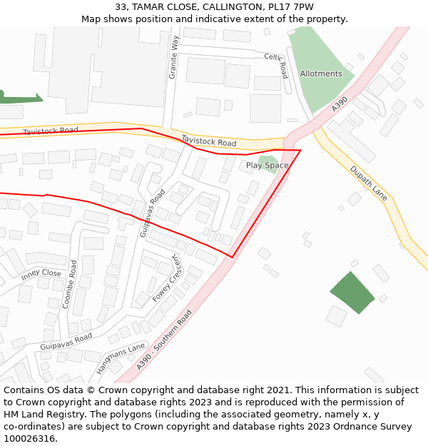 33, TAMAR CLOSE, CALLINGTON, PL17 7PW: Location map and indicative extent of plot