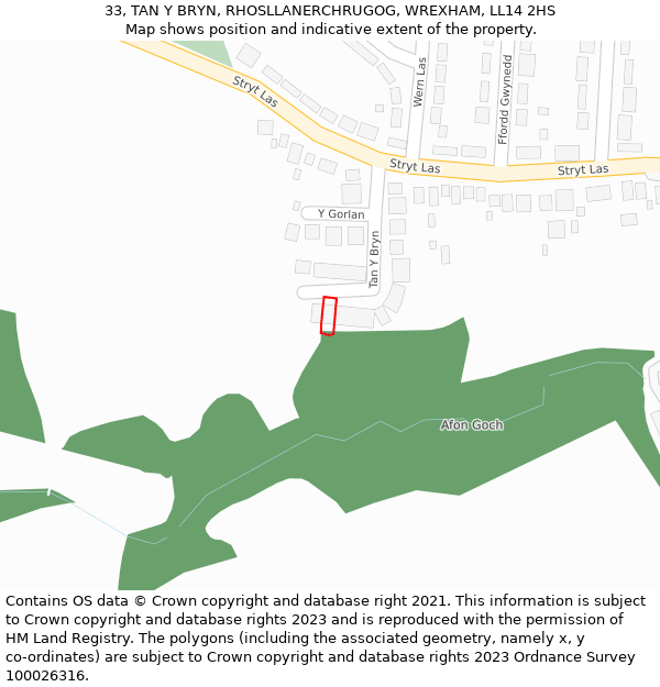 33, TAN Y BRYN, RHOSLLANERCHRUGOG, WREXHAM, LL14 2HS: Location map and indicative extent of plot