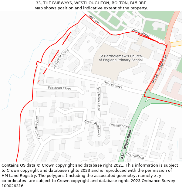 33, THE FAIRWAYS, WESTHOUGHTON, BOLTON, BL5 3RE: Location map and indicative extent of plot