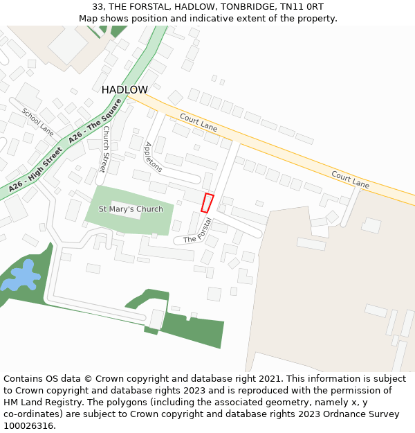 33, THE FORSTAL, HADLOW, TONBRIDGE, TN11 0RT: Location map and indicative extent of plot