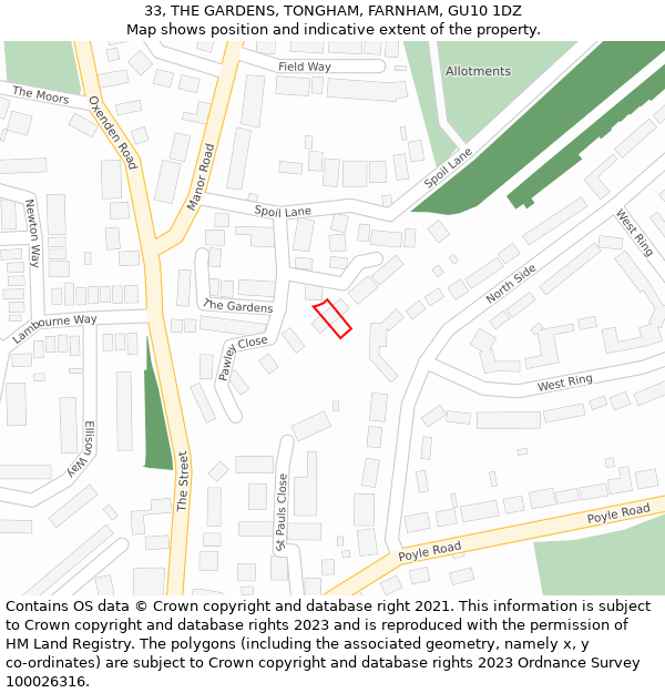 33, THE GARDENS, TONGHAM, FARNHAM, GU10 1DZ: Location map and indicative extent of plot